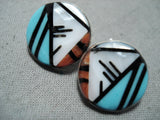 Detailed Vintage Native American Zuni Turquoise Inlay Sterling Silver Earrings-Nativo Arts