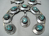 Heavy 253 Gram Vintage Native American Navajo Turquoise Sterling Silver Squash Blossom Necklace-Nativo Arts