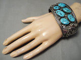 Opulent Vintage Native American Navajo Sterling Silver Leaves Turquoise Bracelet Old Cuff-Nativo Arts