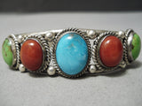 Superior Vintage Native American Navajo Turquoise Gaspeite Coral Sterling Silver Bracelet-Nativo Arts