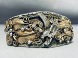 Detailed Vintage Native American Navajo Eagle Gold Sterling Silver Bracelet-Nativo Arts