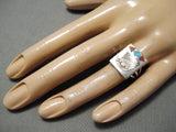Exceptional Zuni Native American Turquoise Bird Coral Sterling Silver Ring-Nativo Arts