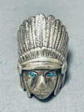Heavy Mens Chief Head Vintage Native American Navajo Turquoise Sterling Silver Ring-Nativo Arts