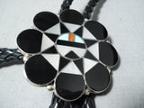 Remarkable Native American Zuni Inlay Jet Turquoise Coral Sunface Sterling Silver Bolo-Nativo Arts