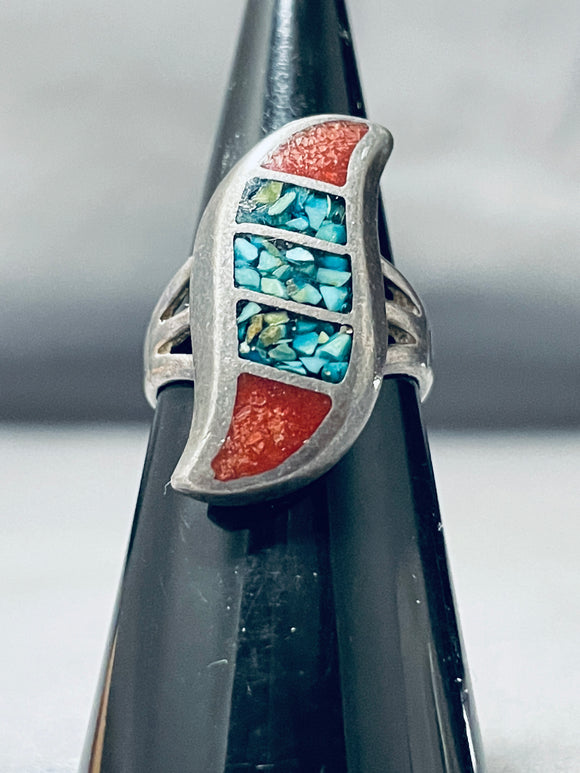 Swirling Turquoise Coral Vintage Native American Navajo Sterling Silver Ring Old-Nativo Arts