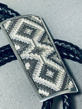 Extremely Intricate Native American Navajo Hand Carved Sterling Silver Geomtric Bolo Tie-Nativo Arts