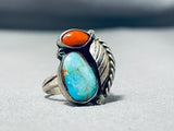 Wonderful Vintage Native American Navajo Pilot Mountain Turquoise & Coral Sterling Silver Ring-Nativo Arts