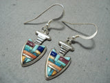 Detailed Intricate Vintage Navajo Native American Zuni Turquoise Sterling Silver Earrings-Nativo Arts