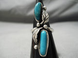 Huge Vintage Native American Navajo 2 Turquoise Sterling Silver Leaf Ring-Nativo Arts