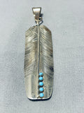 Rare Longer Vintage Native American Navajo Intricate Sterling Silver Feather Turquoise Pendant-Nativo Arts