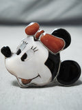 Fabulous Native American Zuni Coral Jet Mother Of Pearl Inlay Sterling Silver Minnie Ring-Nativo Arts