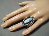 Amazing Vintage Huge Native American Navajo Turquoise Inlay Sterling Silver Chain Ring Heavy-Nativo Arts