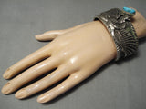 Detailed Flying Eagle Native American Navajo Turquoise Sterling Silver Heavy Bracelet-Nativo Arts