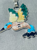 Rare Signed Native American Zuni Inlay Jet Turquoise Coral Hummingbird Sterling Silver Necklace-Nativo Arts