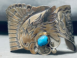 Extreme Detail Huge Vintage Native American Navajo Eagle Turquoise Sterling Silver Bracelet-Nativo Arts