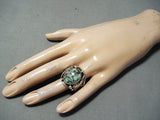 Incredible Vintage Native American Navajo Green Turquoise Spiderweb Turquoise Sterling Ring-Nativo Arts