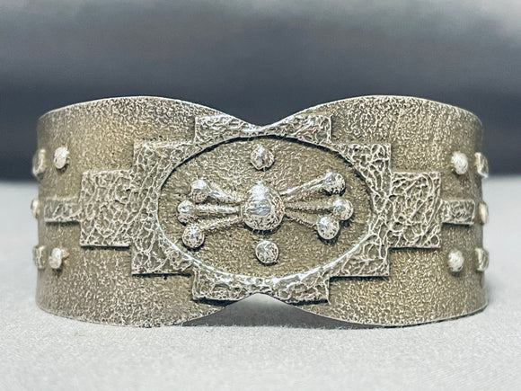 Superb Native American Navajo Signed Sterling Silver Geometric Heavy Bracelet-Nativo Arts