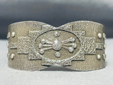 Superb Native American Navajo Signed Sterling Silver Geometric Heavy Bracelet-Nativo Arts
