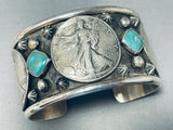 Signed San Felipe Royston Turquoise Sterling Silver Coin Bracelet-Nativo Arts