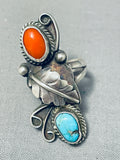 Impressive Vintage Native American Navajo Turquoise & Coral Sterling Silver Ring-Nativo Arts