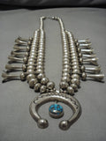 317 Gram Vintage Native American Navajo Sterling Silver Turquoise Squash Blossom Necklace-Nativo Arts