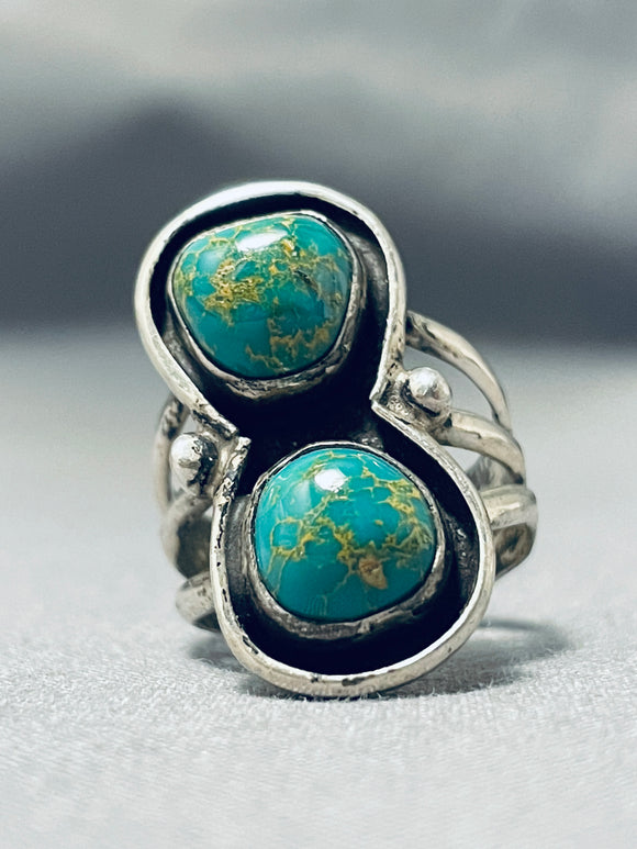 Awesome Vintage Native American Navajo 2 Damale Turquoise Sterling Silver Ring-Nativo Arts