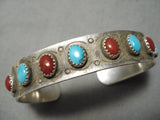 Quality Vintage Native American Navajo Coral Turquoise Sterling Silver Bracelet Old-Nativo Arts