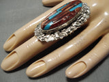 One Of The Biggest Native American Navajo Turquoise Spiny Oyster Sterling Silver Ring-Nativo Arts