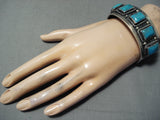 Huge Heavy Vintage Native American Navajo Squared Turquoise Signed Sterling Silver Bracelet-Nativo Arts