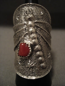32 Grams Towering Navajo Chunk Coral Dragonfly Native American Jewelry Silver Ring-Nativo Arts