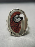 Important Parrot Zuni Native American Coral Sterling Silver Ring-Nativo Arts