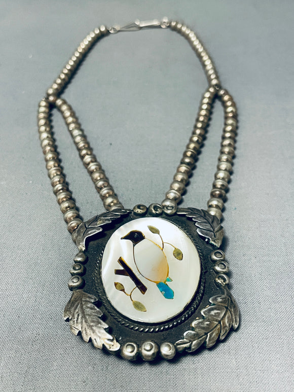 One Of The Best Vintage Navajo Bird Inlay Turquoise Sterling Silver Necklace-Nativo Arts