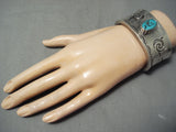 Heavy Thick Vintage Native American Navajo Turquoise Geometirc Sterling Silver Bracelet-Nativo Arts