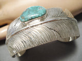 Native American Intricate!! Hand Carved Feather Royston Turquoise Sterling Silver Bracelet Cuff-Nativo Arts
