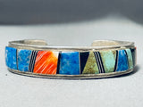 Signed Vintage Native American Navajo Intricate Turquoise Sterling Silver Inlay Bracelet-Nativo Arts