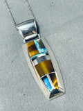 Kenny Bitsue Signed Native American Navajo Inlay Tigers Eye Opal Sterling Silver Necklace-Nativo Arts