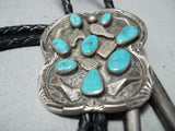 Spectacular Vintage Native American Navajo Old Kingman Turquoise Sterling Silver Bolo Old-Nativo Arts