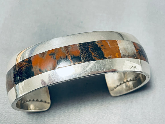 Very Rare Petrified Wood Inlay Native American Navajo Heavy Sterling Silver Bracelet-Nativo Arts