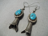 Stunning Vintage Native American Navajo Squash Blue Turquoise Sterling Silver Earrings Old-Nativo Arts
