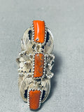 Towering Native American Navajo Coral Sterling Silver Leaf Ring-Nativo Arts