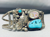 Detailed Older Vintage Native American Navajo Turquoise Sterling Silver Leaf Bracelet-Nativo Arts