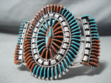 Enormous Native American Zuni Turquoise Coral Needlepoint Sterling Silver Bracelet-Nativo Arts