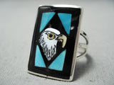 Exquisite Vintage Native American Zuni Inlay Turquoise Jet Eagle Sterling Silver Ring-Nativo Arts