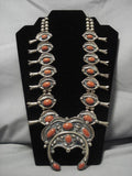 331 Gram Vintage Native American Navajo Coral Sterling Silver Squash Blossom Necklace Old-Nativo Arts
