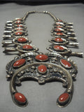 331 Gram Vintage Native American Navajo Coral Sterling Silver Squash Blossom Necklace Old-Nativo Arts