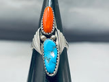 Lovely Vintage Native American Navajo Morenci Turquoise Coral Sterling Silver Ring-Nativo Arts