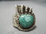 Marvelous Vintage Native American Navajo Green Turquoise Sterling Silver Paw Native America Ring-Nativo Arts
