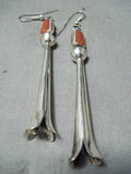 Long Cute Native American Navajo Coral Sterling Silver Fluted Earrings-Nativo Arts