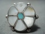 Marvelous Vintage Native American Zuni Inlay Blue Gem Mother Of Pearl Sterling Silver Ring Old-Nativo Arts
