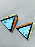 Native American Authentic Santo Domingo Turquoise Coral Sterling Silver Earrings-Nativo Arts